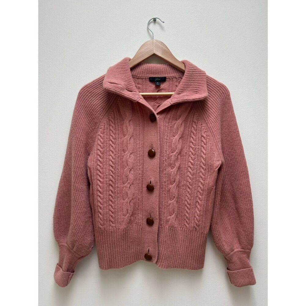 J.Crew Wool Cable Knit Button Down Puff Sleeve Pink Cardigan size S
